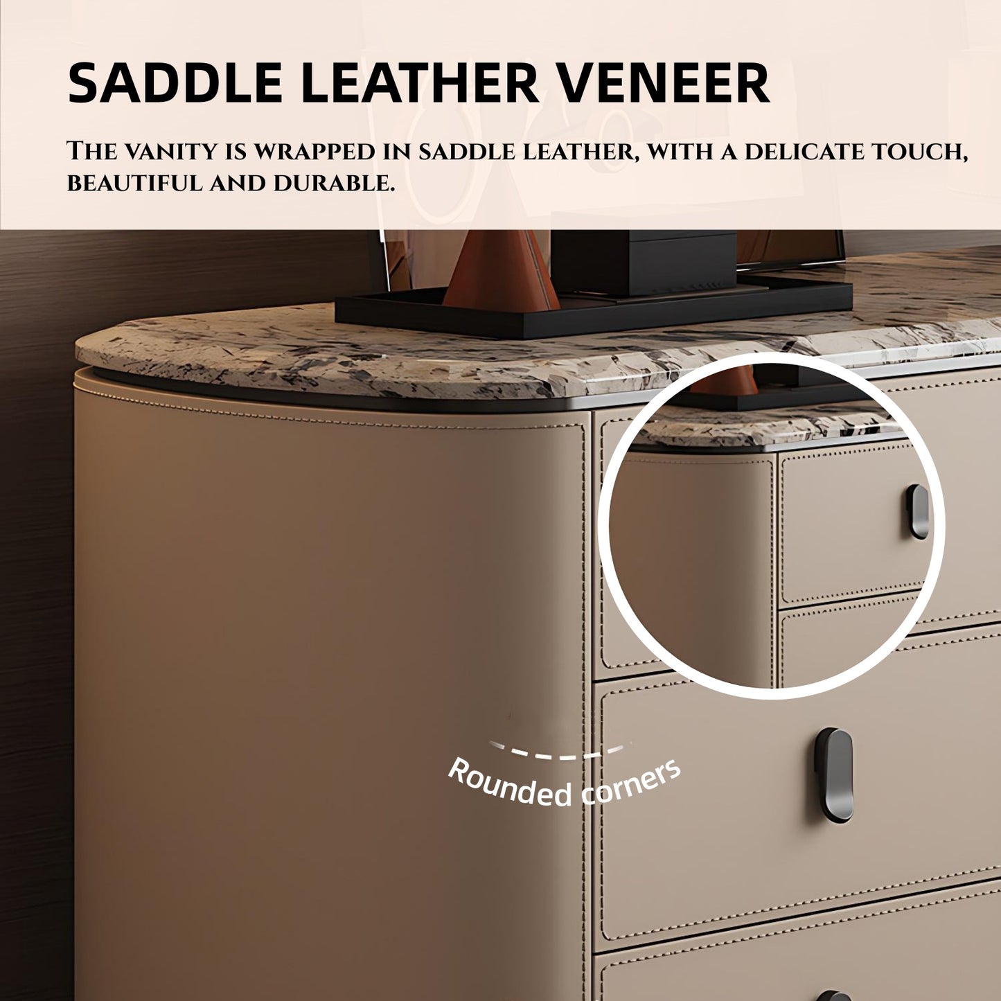 39''-47'' Leather Makeup Vanity with Marble Countertop and Stool & Smart LED Lights Mirror