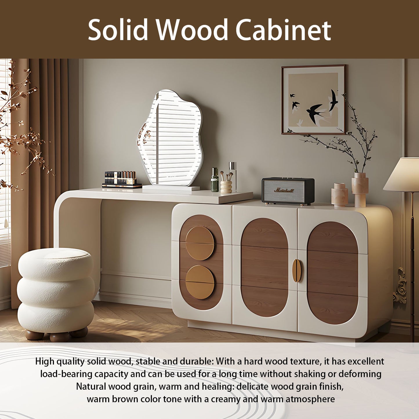 47'' Makeup Vanity with Walnut Veneer and Smart LED Light Mirror & Stool for Bedroom