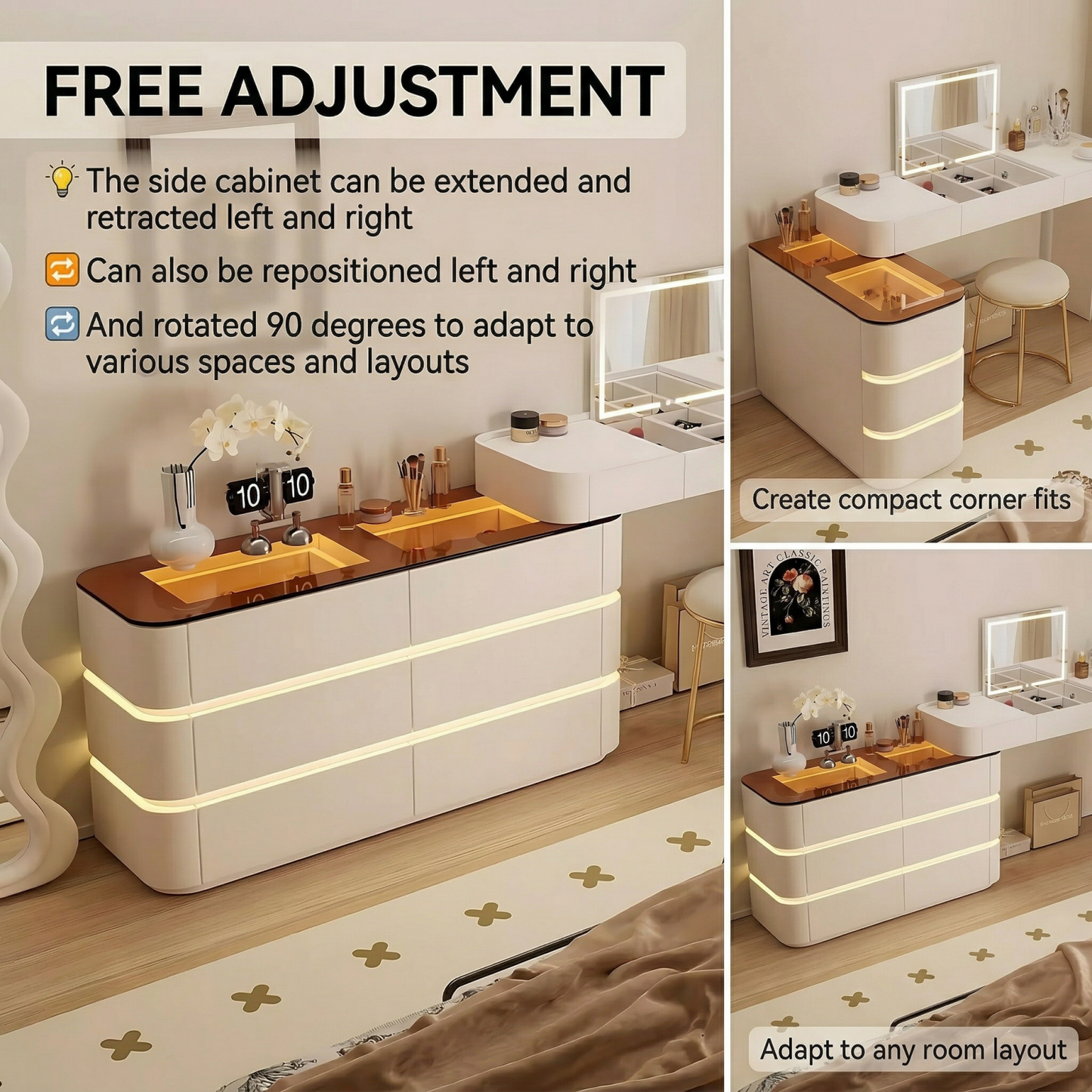 32''-47''Leather Vanity with Tempered Glass Top and LED Light & Flip up Smart Mirror,Stool