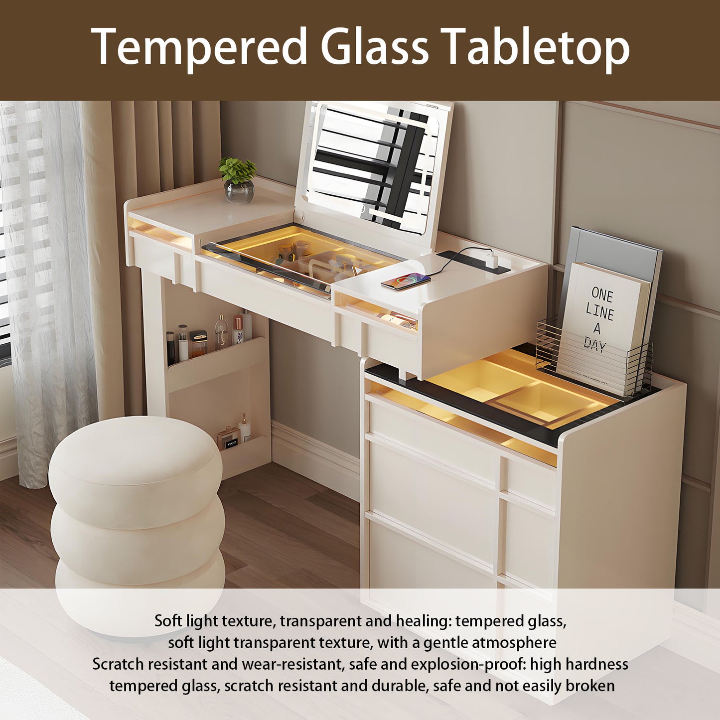 39-47'' Makeup Vanity with Flip up Smart Mirror and Glass Top & LED Ambient Light,Stool