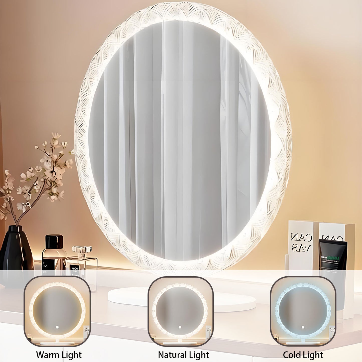 32''-47''Makeup Vanity with Wavy Design and Rock Slab Top,Smart LED Light Mirror & Stool