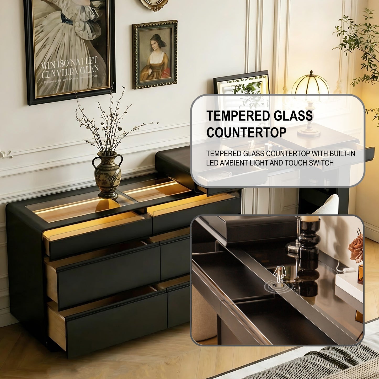 47''Vanity Set with Flip up Smart Mirror and Tempered Glass Top & LED Ambient Light,Stool