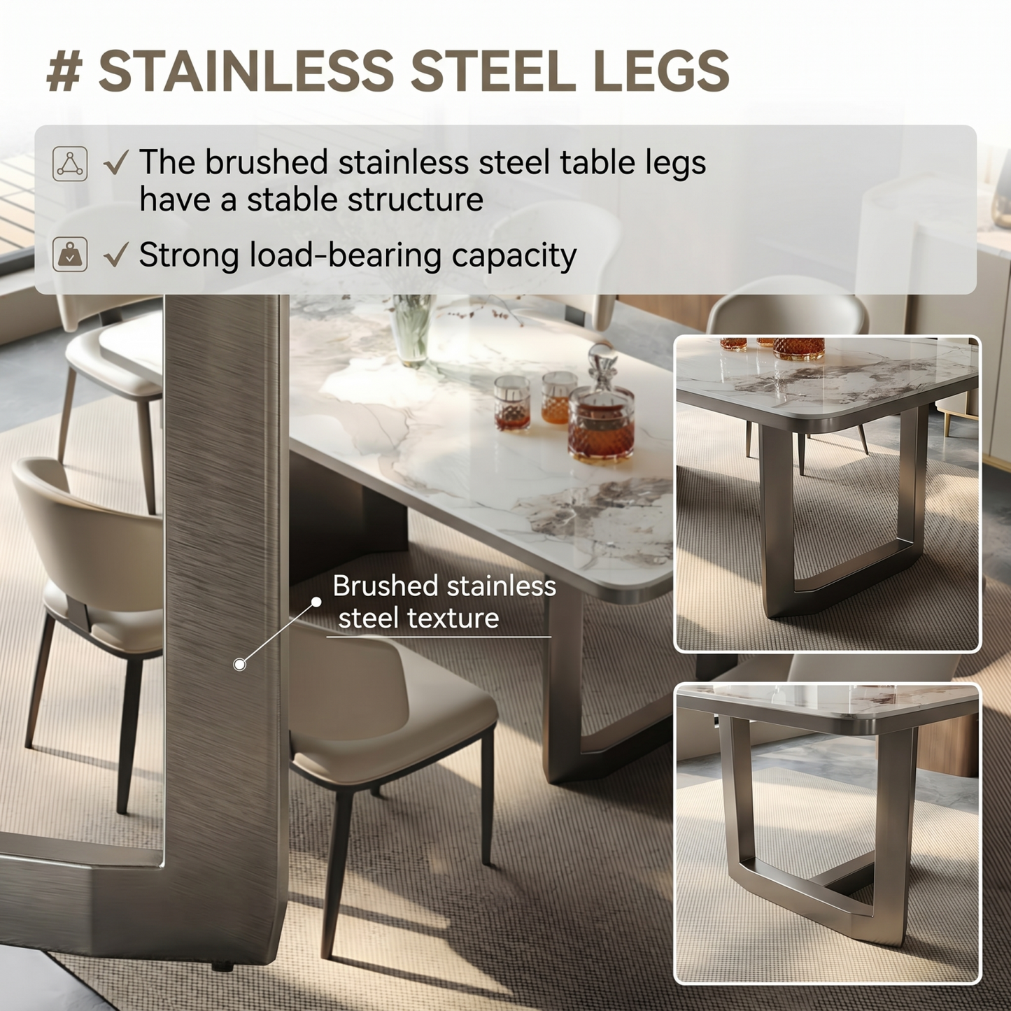 55''-71''Sintered Stone Dining Table with 4 Chairs & Stainless steel Legs for 6-8 peoples
