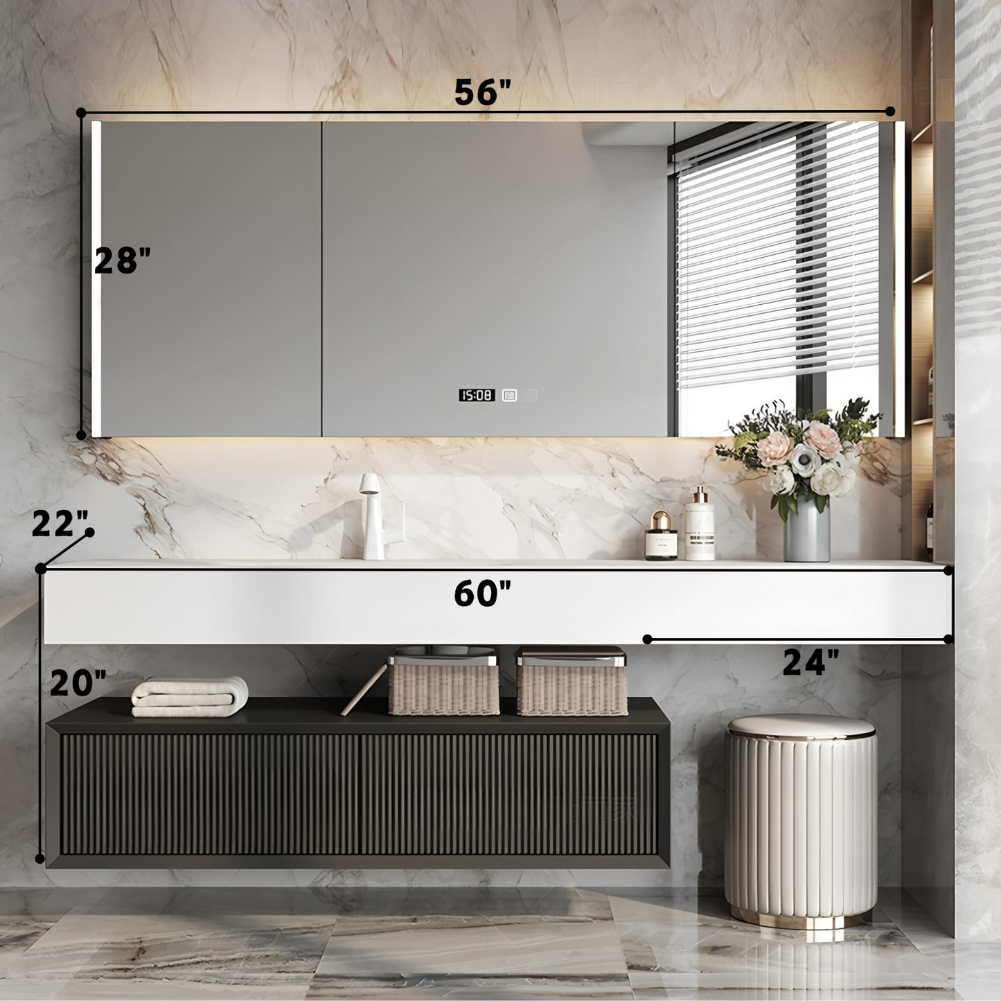 52''-80'' Floating Bathroom Vanity with Sink and LED Smart Defogging Cabinet & Drawer