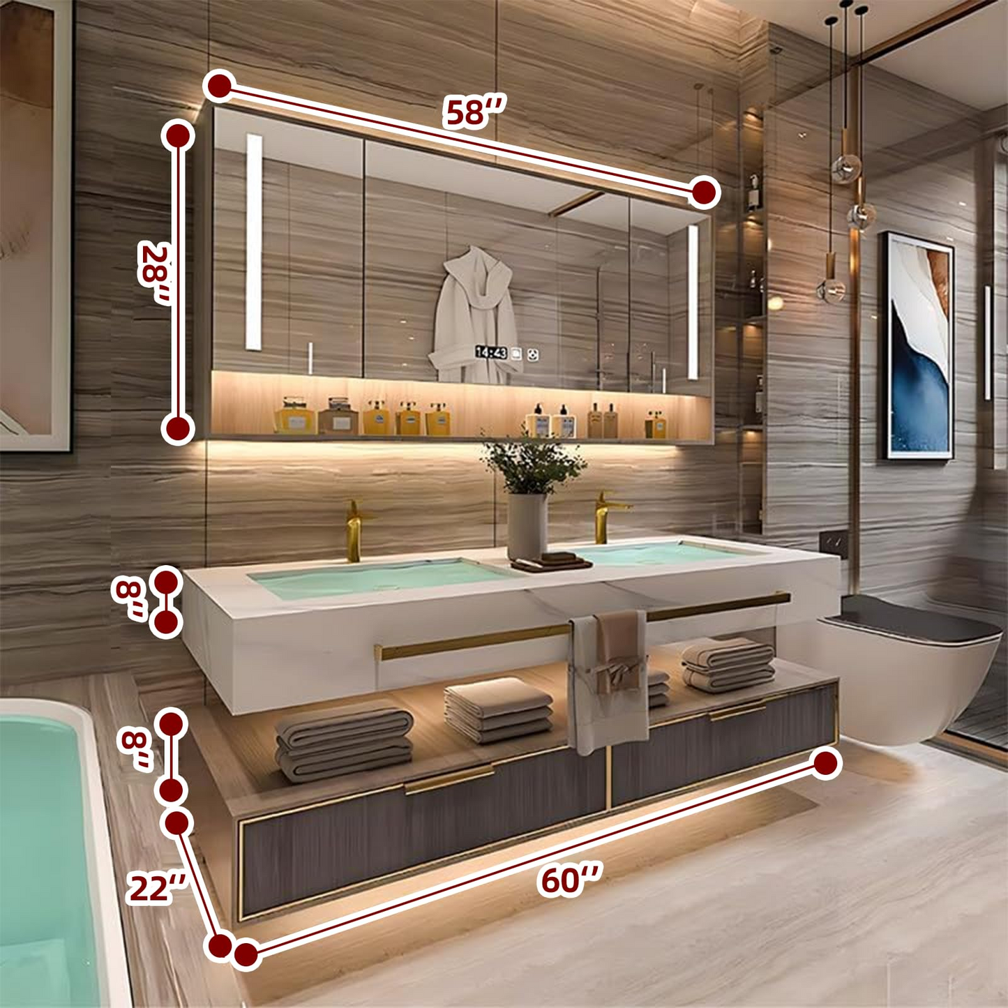 56''-80'' Floating Double Bathroom Vanity with Sink & Mirror Cabinet