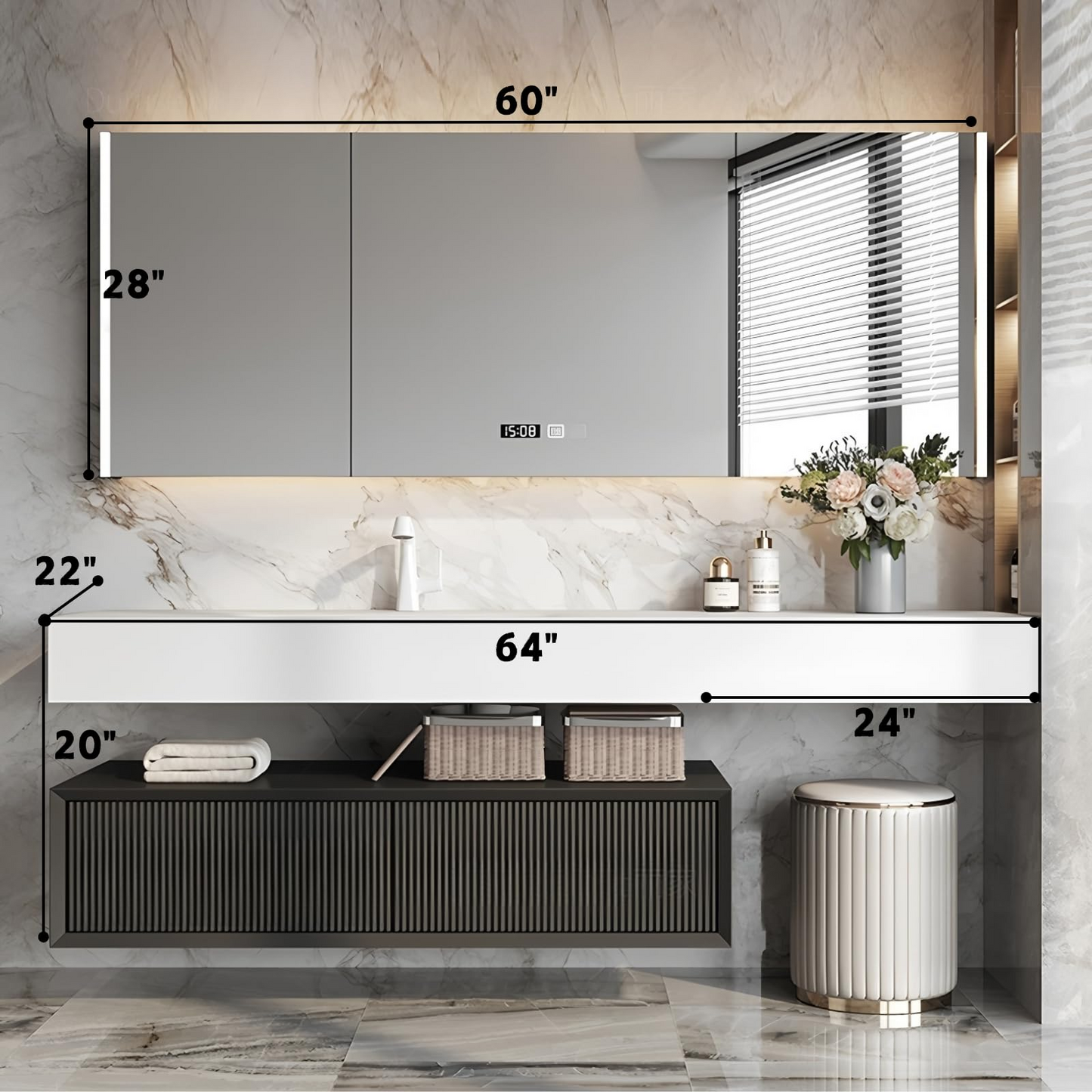 52''-80'' Floating Bathroom Vanity with Sink and LED Smart Defogging Cabinet & Drawer