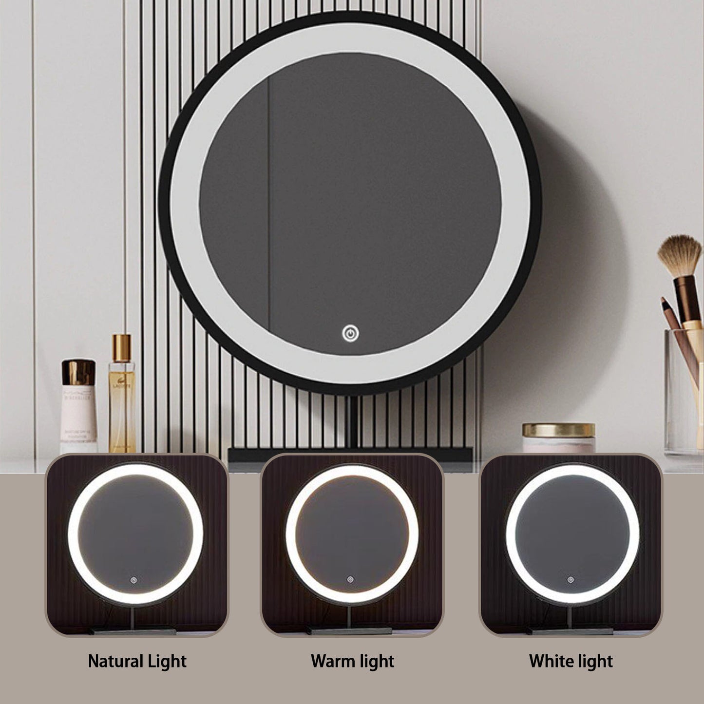 32''-47'' Makeup Vanity with Rock Slab Top and Smart LED Lights Mirror & Stool,Leather