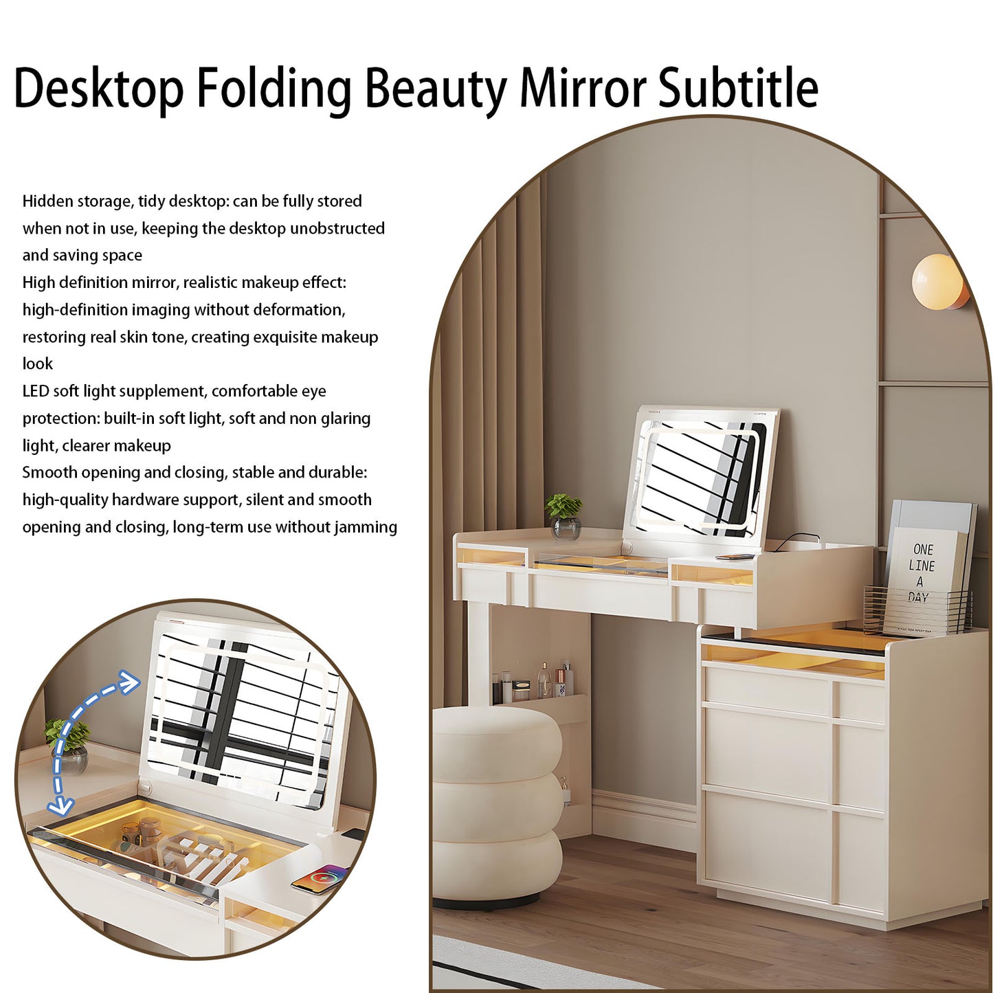 39-47'' Makeup Vanity with Flip up Smart Mirror and Glass Top & LED Ambient Light,Stool