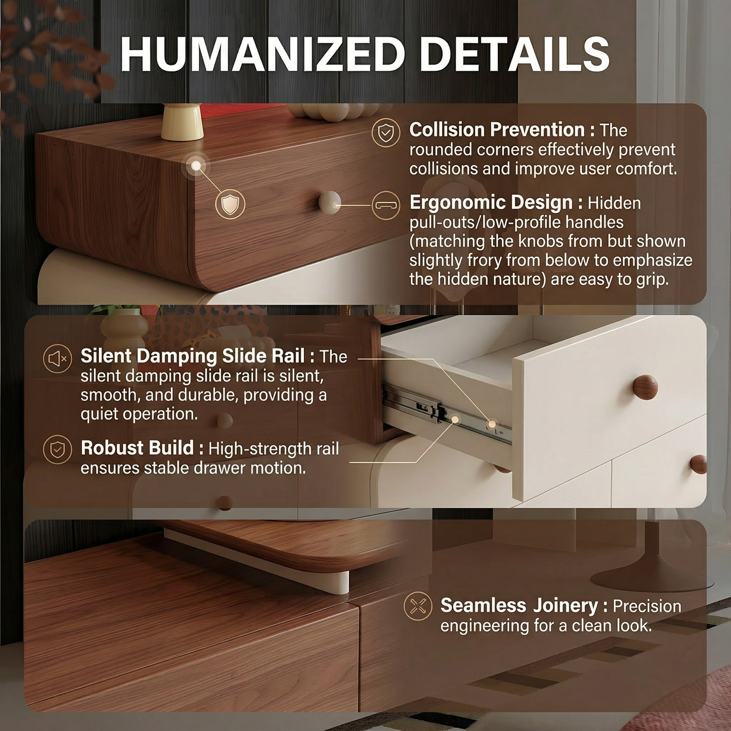 47'' Vanity Set with Walnut Veneer Top and Stool & Smart LED Lights Mirror for Bedroom