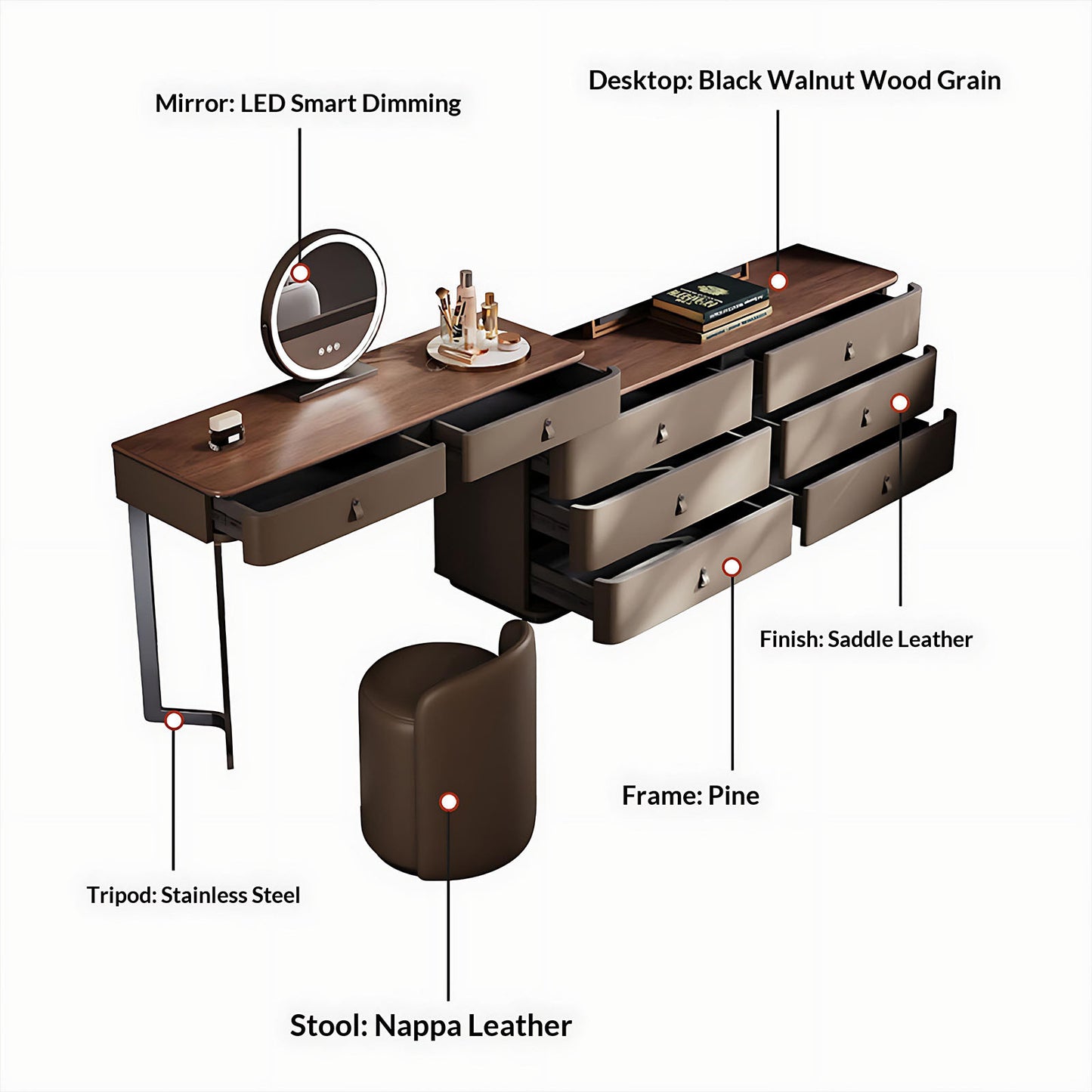 39''-47''Leather Vanity with Walnut Veneer Top and Smart LED Lights Mirror & Stool,59IN