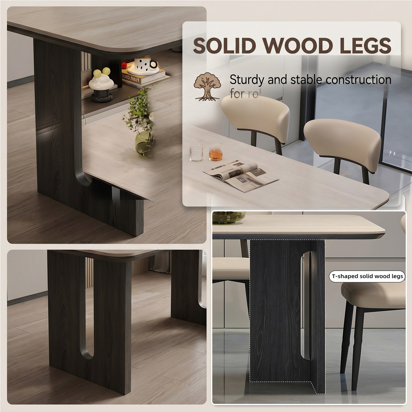 55''-71''Sintered Stone Dining Table with 4 Chairs & Ash Wood Legs for Kitchen