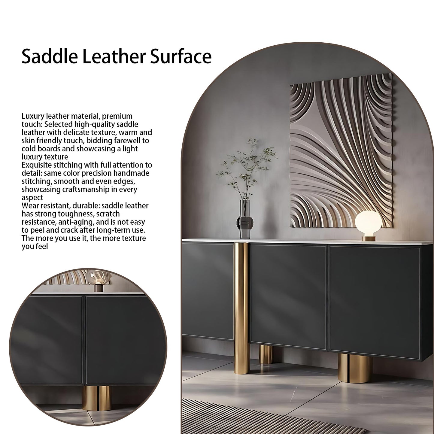 47''-71'' Leather Shoe Cabinet with Rock Slab Top and Stainless Steel Base,Solid Wood