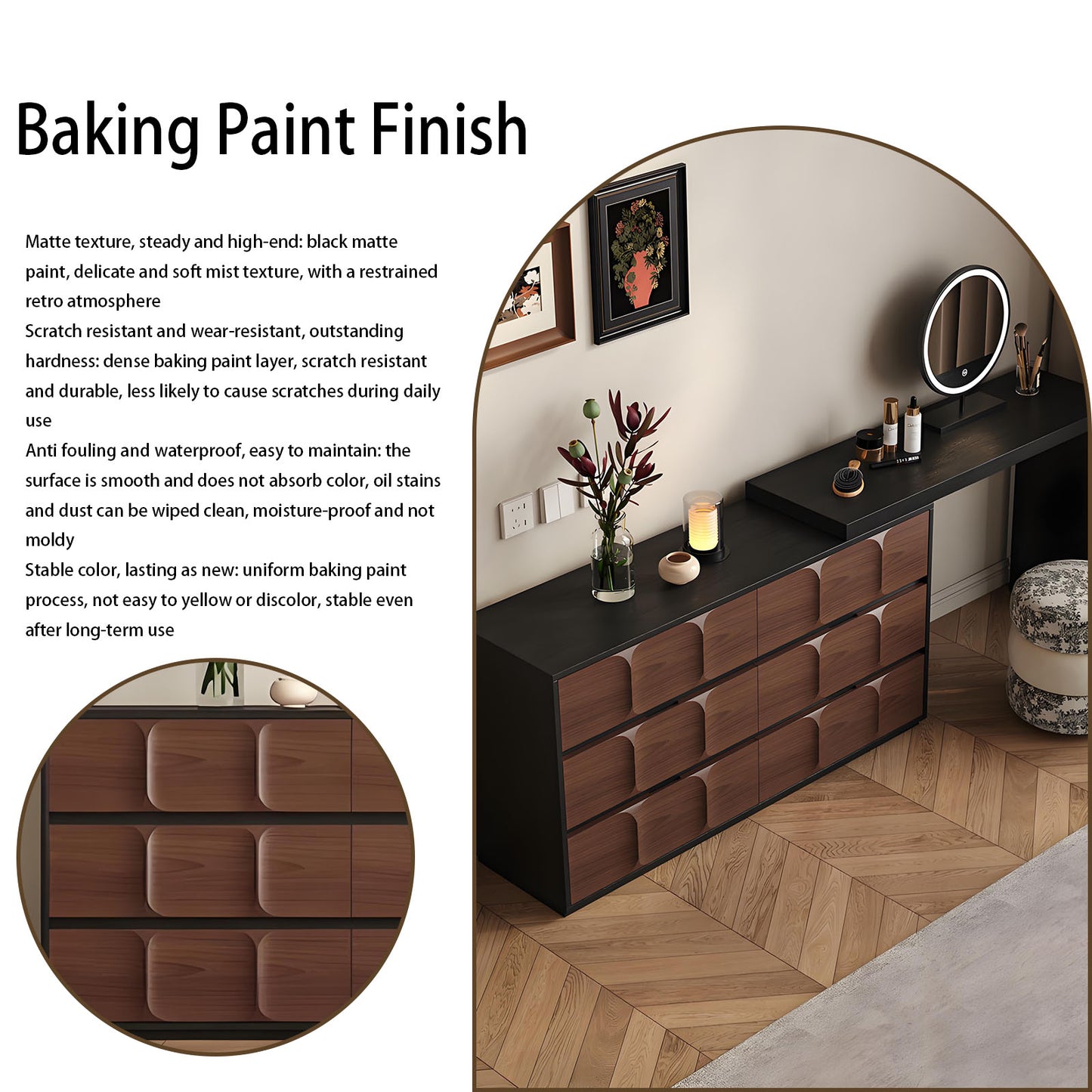 47'' Makeup Vanity with Walnut Veneer & Smart LED Mirror and Stool for Bedroom,Retro