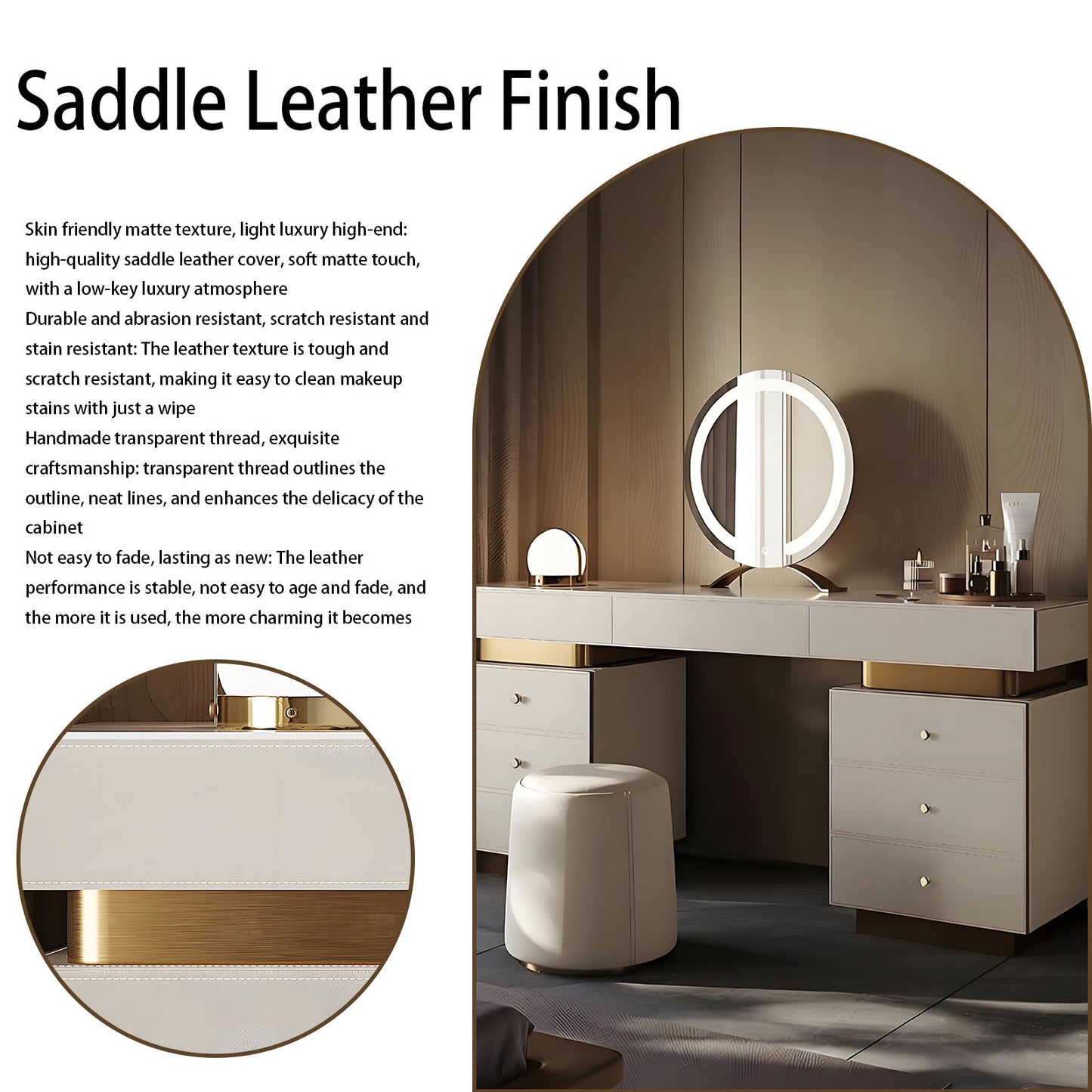 55-71'' Leather Makeup Vanity with 2 Cabinets and Smart LED Mirror & Stool,Rock Slab Top