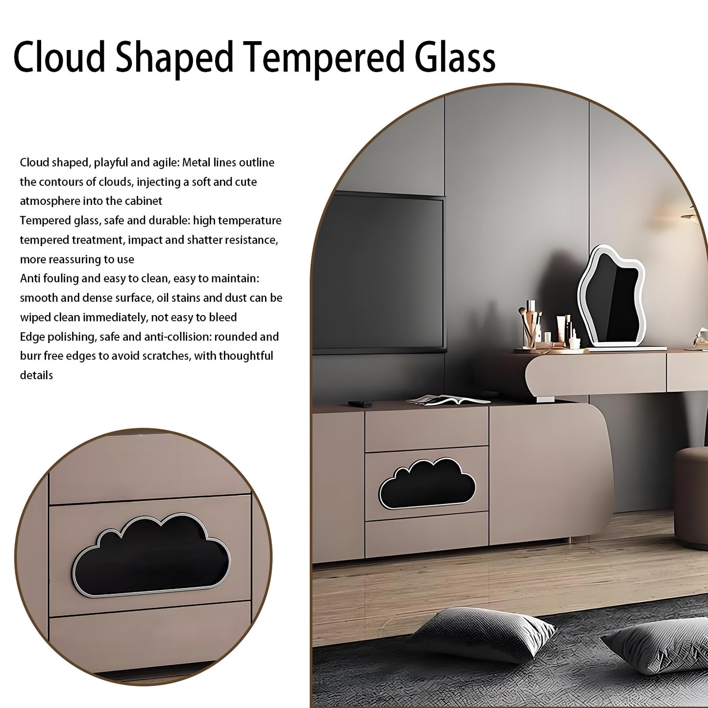 47''&63''Leather Makeup Vanity with Smart LED Light Mirror and Stool,Cloud Shaped Glass