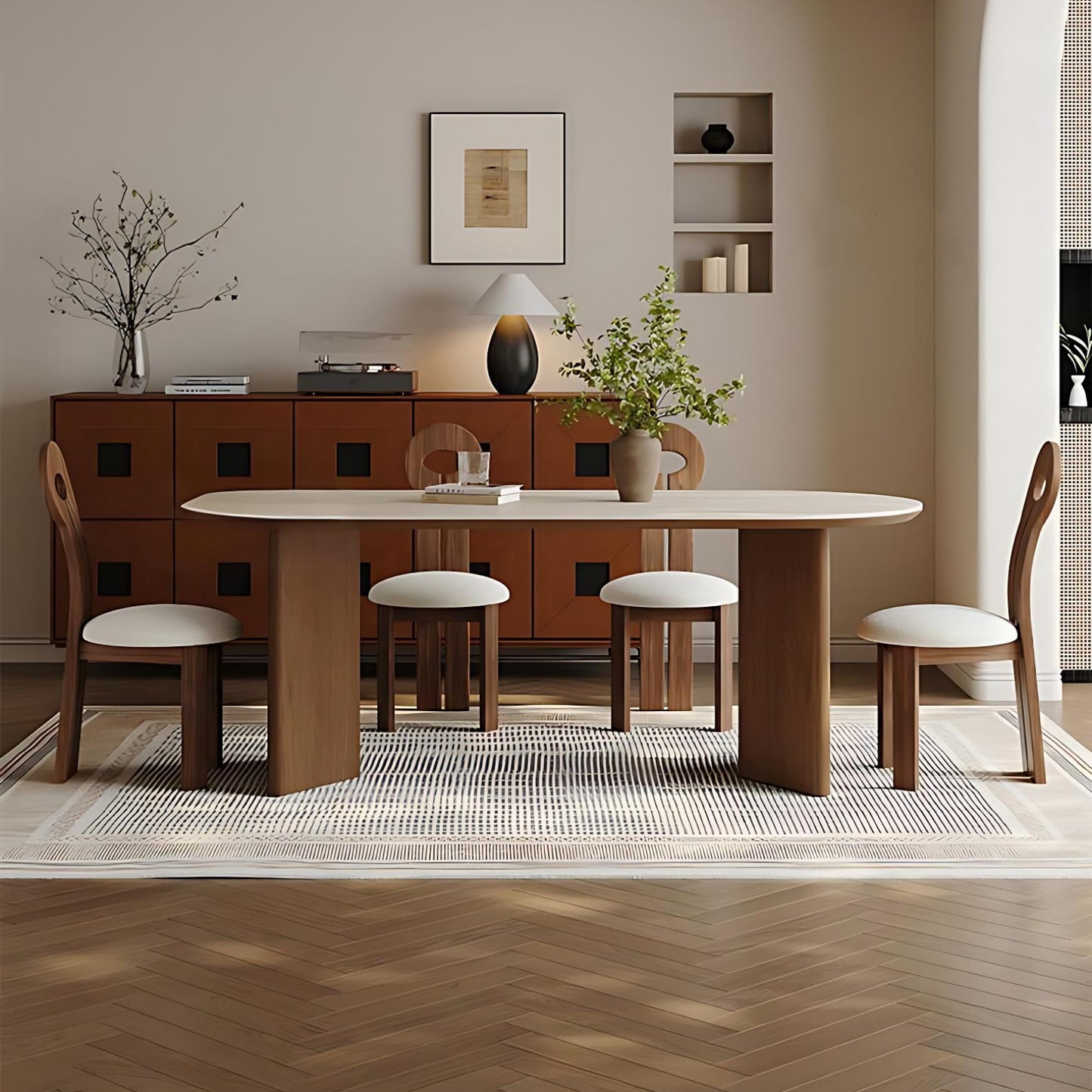 55''-71'' Oval Dining Table with 4 Chairs & Sintered Stone Top,Solid Wood,Walnut Veneer