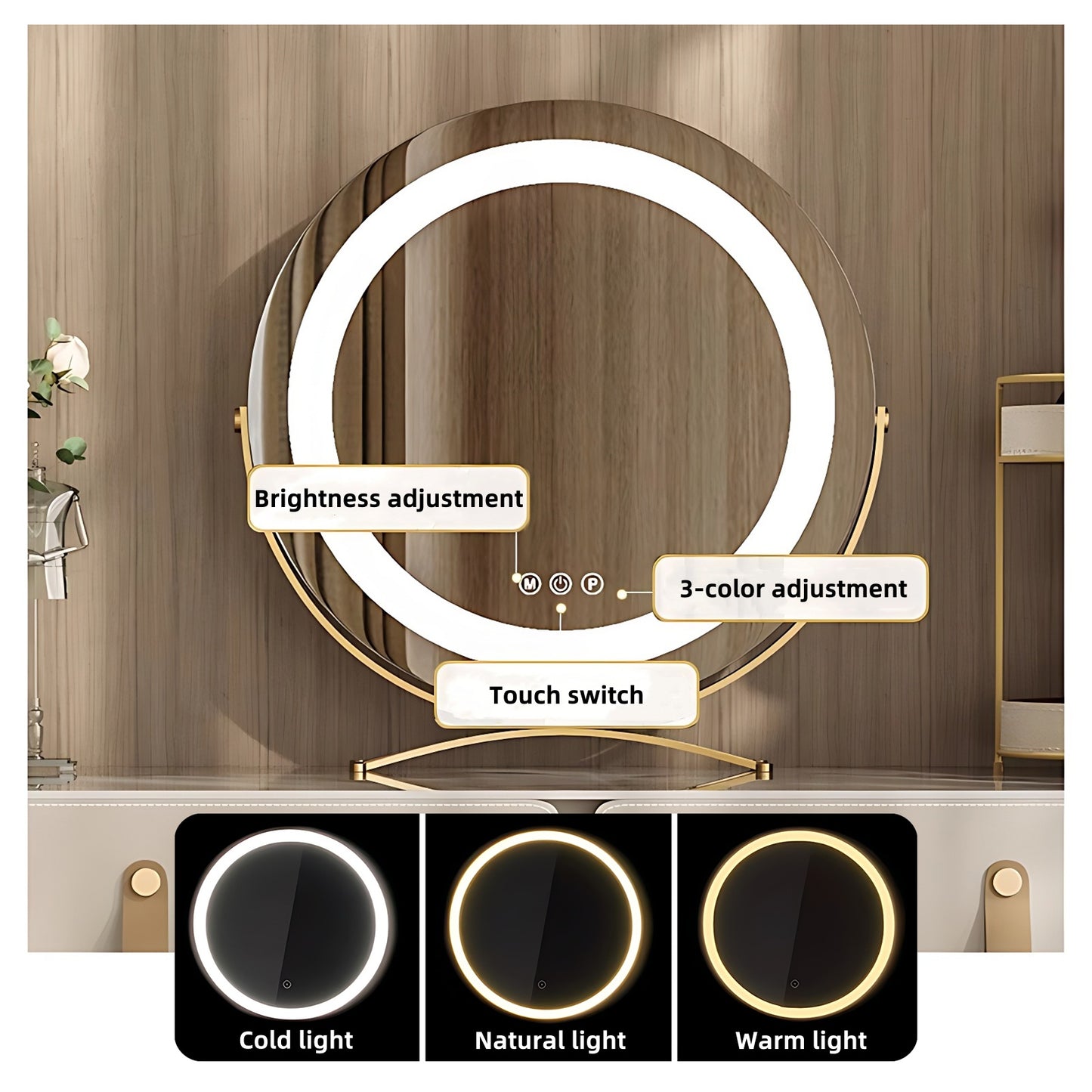 39'' Leather Makeup Vanity with Smart LED Light Mirror and Stool,Rock Slab Desktop