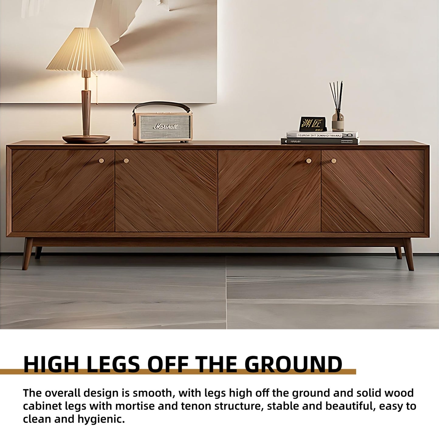 71''-87'' Solid Wood TV Stand,Walnut Splicing Design,Mid Century Console Table