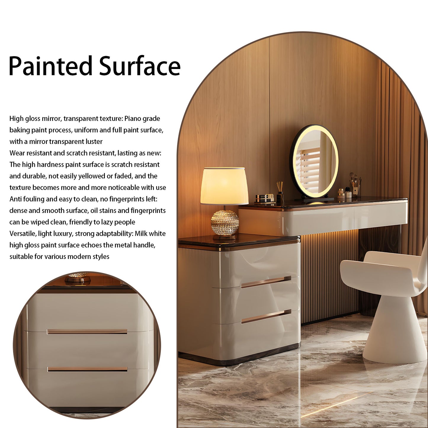 39''-47'' Vanity Desk with Tree Grain Veneer Top and Stool,LED Light Mirror,Baking Paint