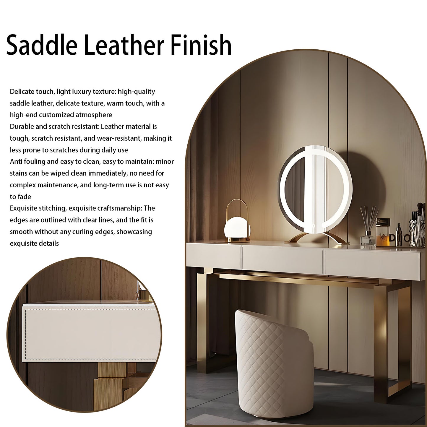 55''-71'' Leather Vanity Desk with Rock Slab Top and Smart LED Mirror & Stool,Solid Wood