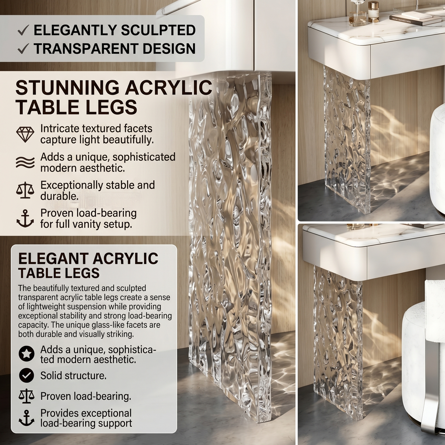 39''-47''Leather Makeup Vanity with Marble Top and Stool,Smart Mirror & Acrylic Legs