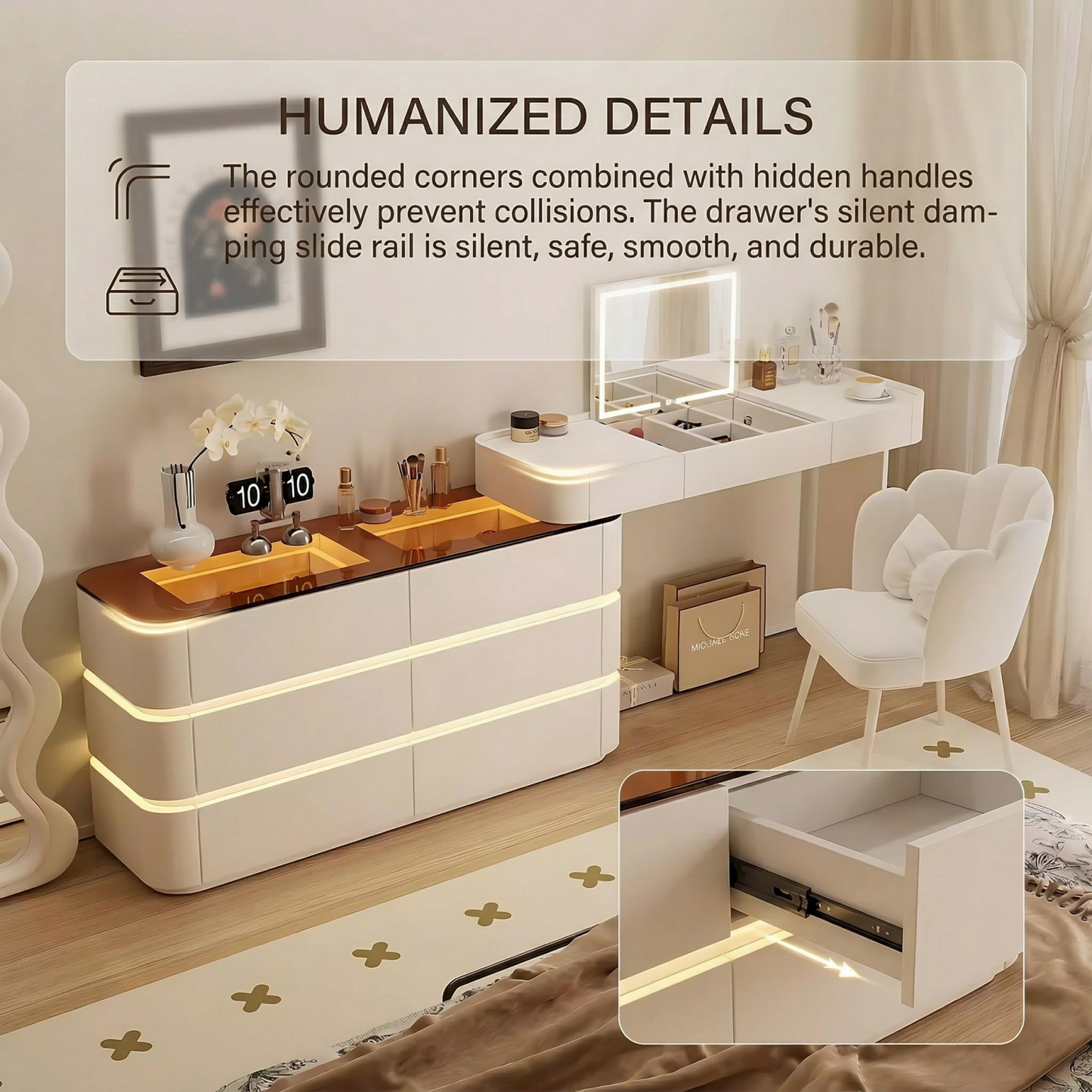 32''-47''Leather Vanity with Tempered Glass Top and LED Light & Flip up Smart Mirror,Stool