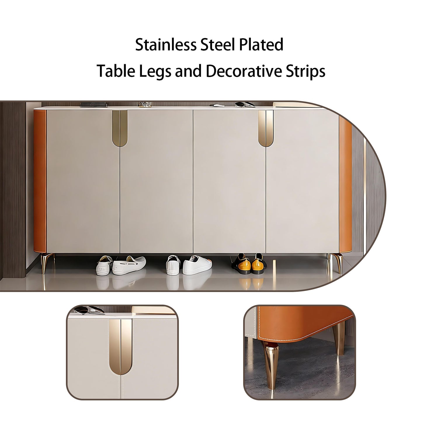 47''-71'' Leather Shoe Cabinet with Rock Slab Countertop & Stainless Steel Legs