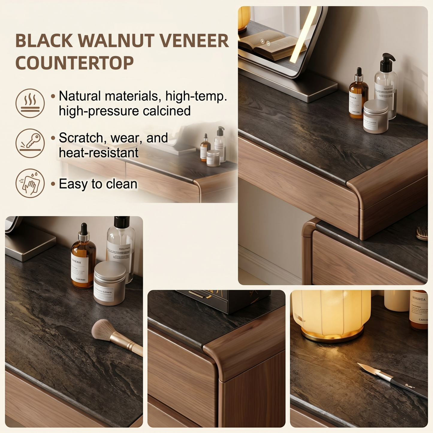 39''-47'' Makeup Vanity with Black Countertop and Smart LED Light Mirror & Stool,Walnut