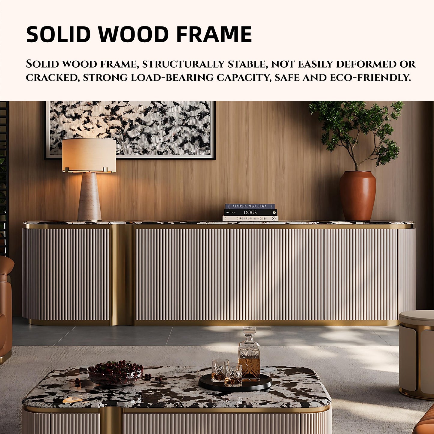 79''-87'' Marble Countertop TV Stand,Solid Wood Entertainment Center TV Console