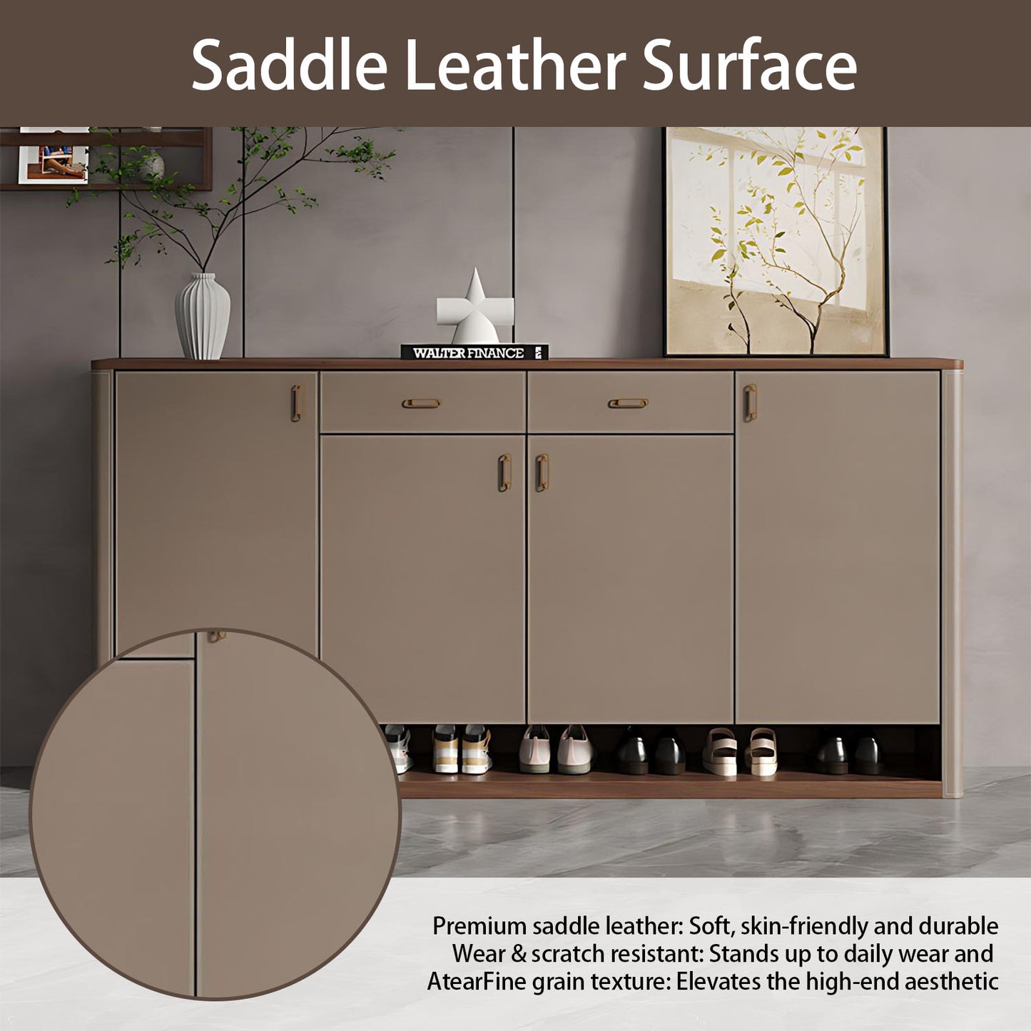 55''-79'' Leather Shoe Cabinet with Walnut Veneer Top,Mid Century