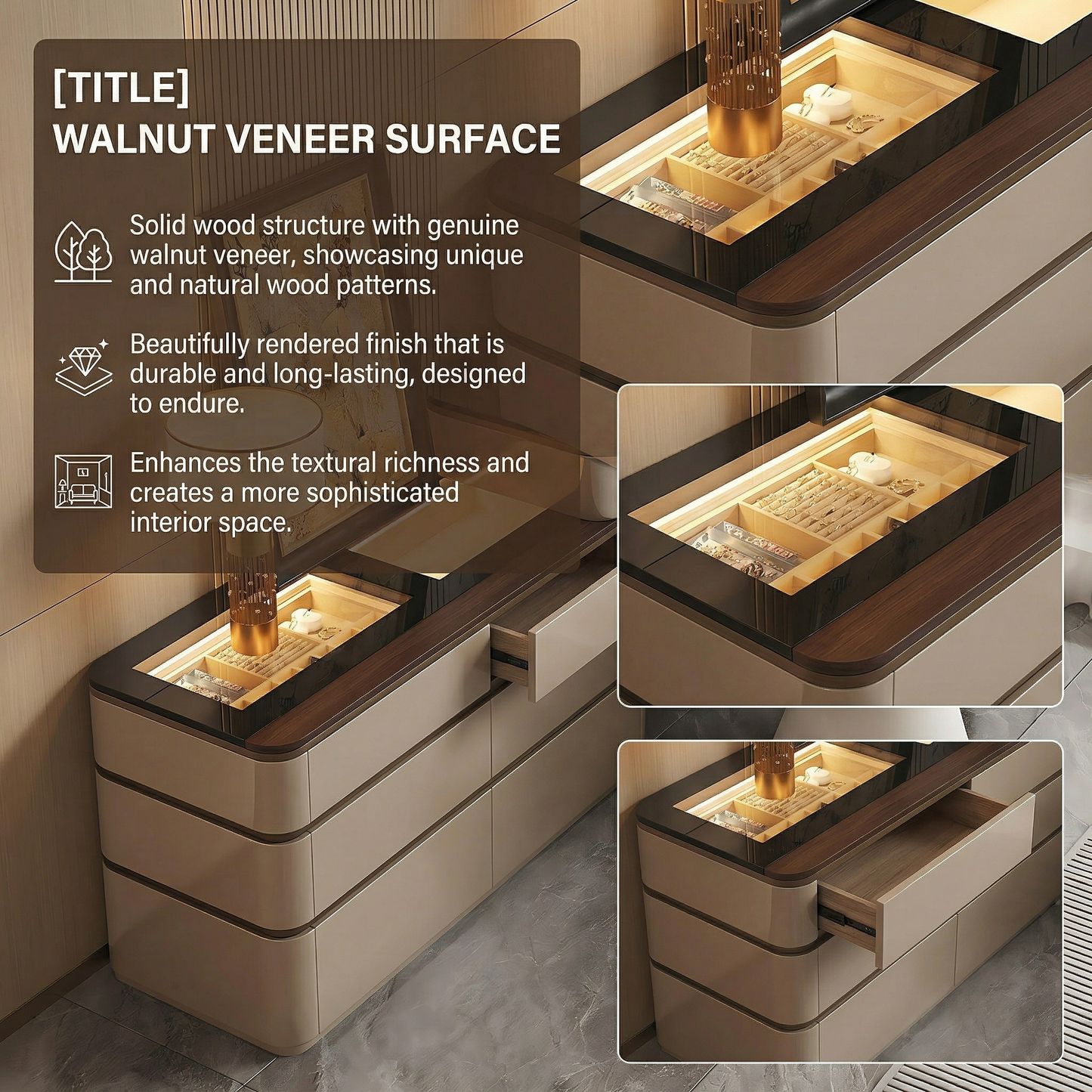 39''-47''Makeup Vanity with Tempered Glass Top and LED Ambient Light,Smart Mirror & Stool