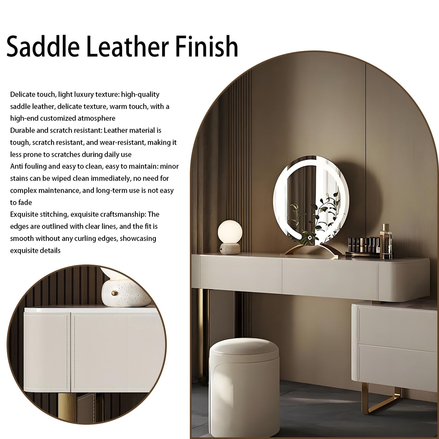 47''-63'' Makeup Vanity with Smart LED Light Mirror and Stool & Rock Slab Top,Leather