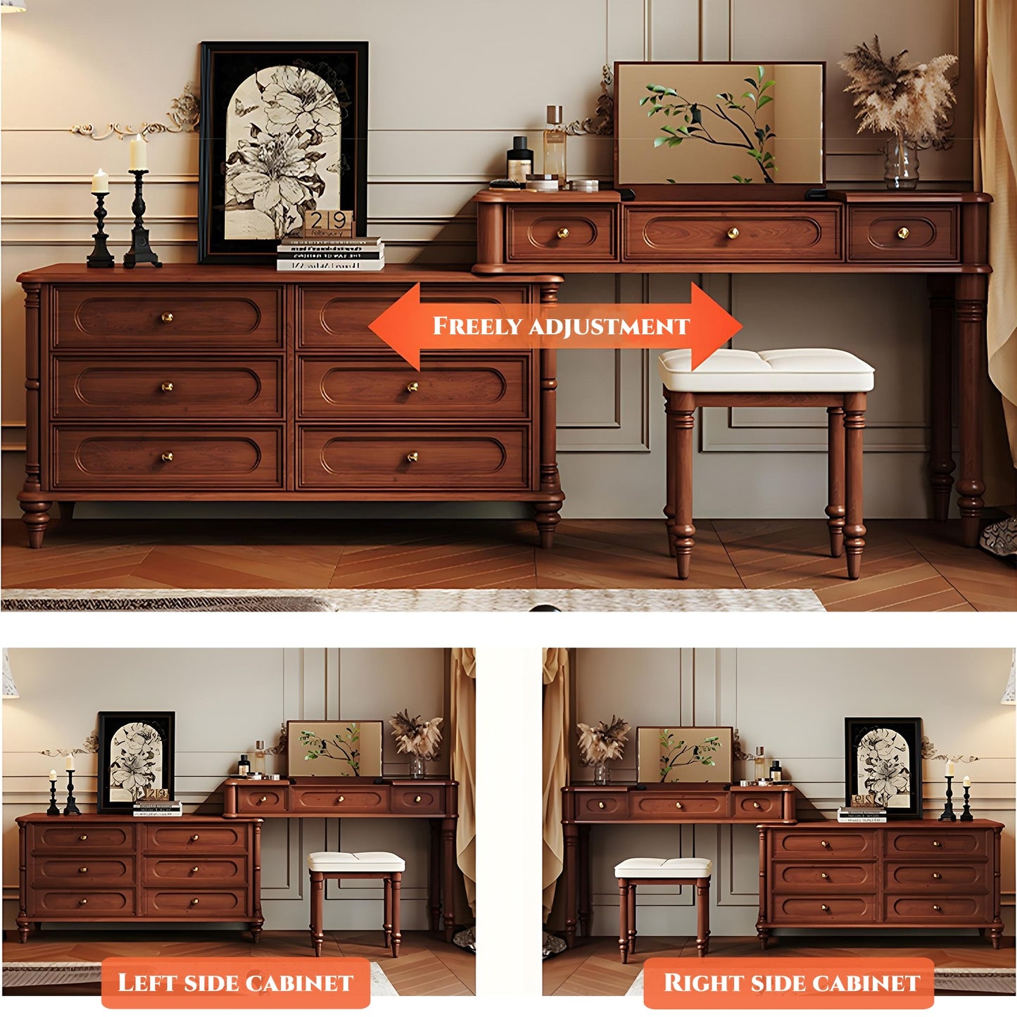 39''-47'' Retro Makeup Vanity with Stool & Mirror for Bedroom