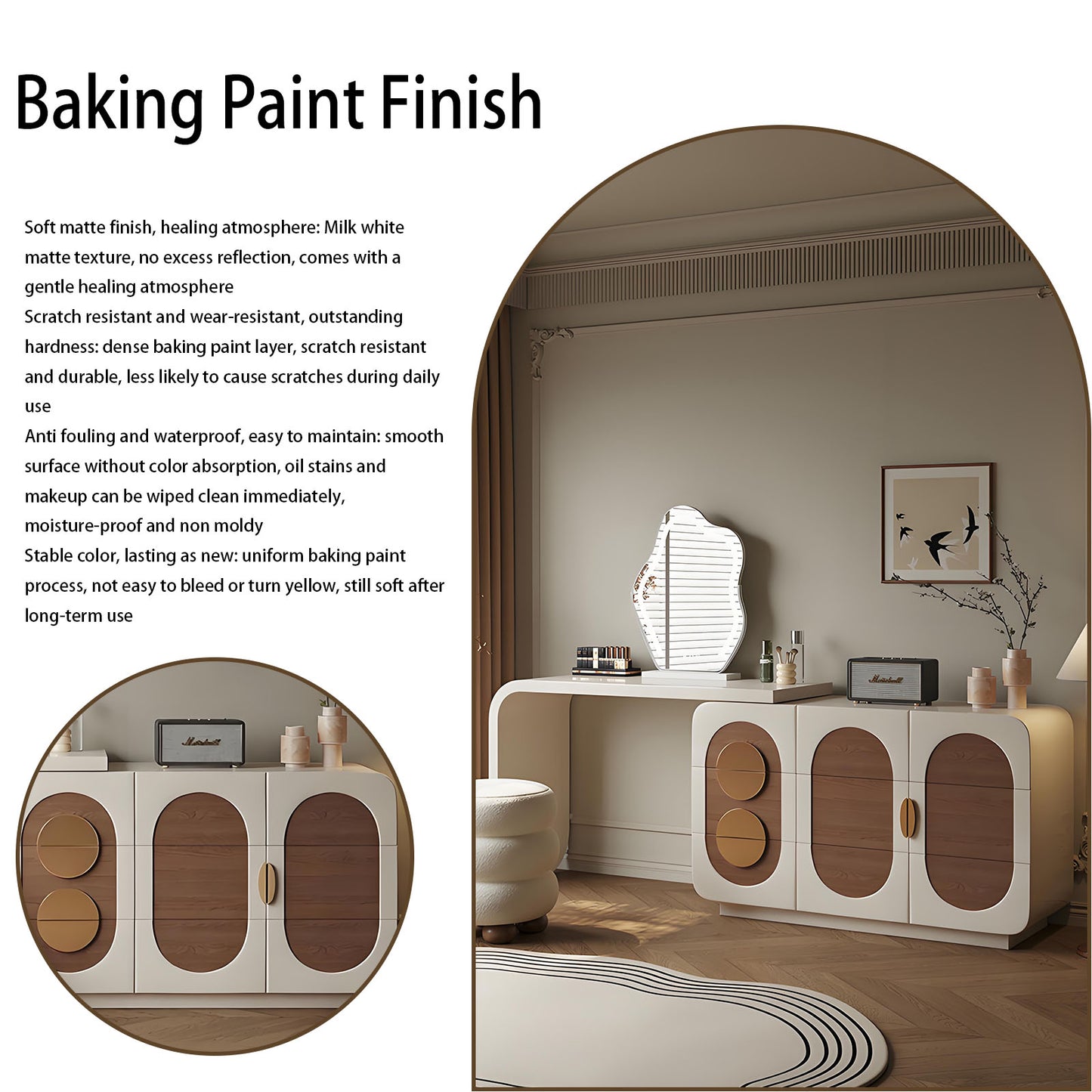 47'' Makeup Vanity with Walnut Veneer and Smart LED Light Mirror & Stool for Bedroom