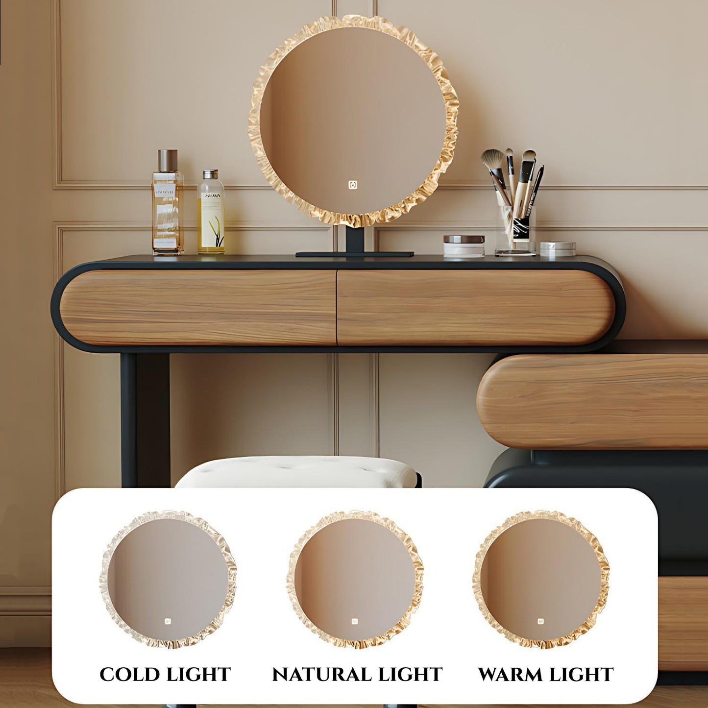32''-47'' Makeup Vanity with Stool and Smart LED Light Mirror & Walnut Veneer,Mid Century