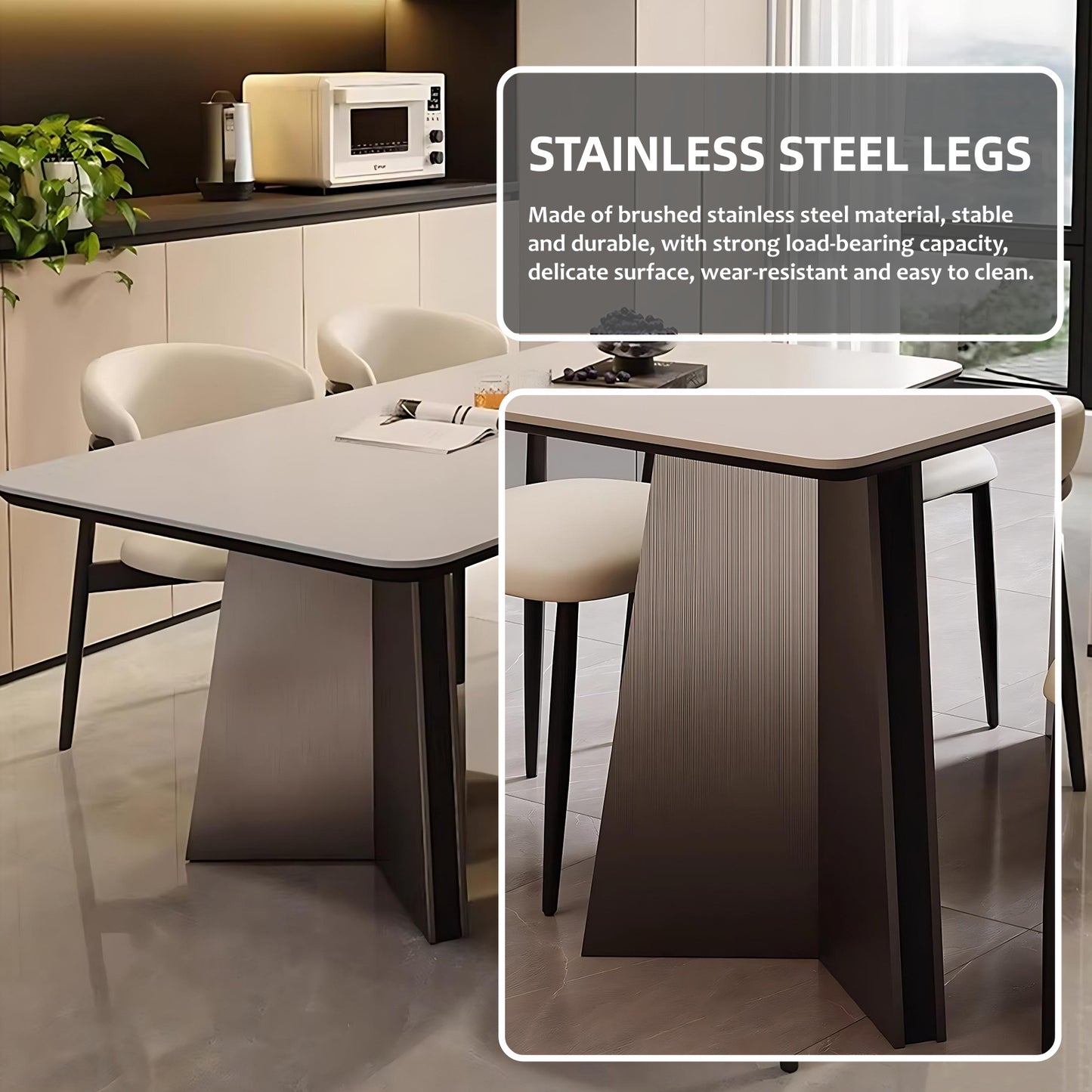 55''-71''Dining Table with 4 Chairs & Sintered Stone Top,Stainless Steel Legs