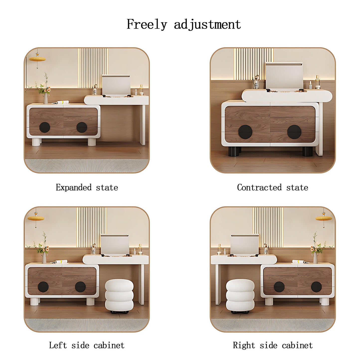 32''-47'' Makeup Vanity with Flip up Mirror and Walnut veneer & Stool for Bedroom
