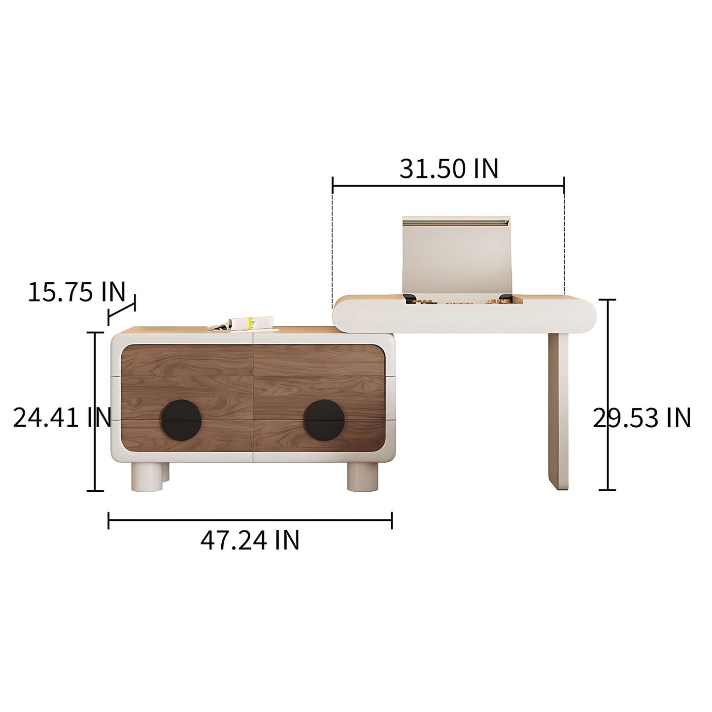 32''-47'' Makeup Vanity with Flip up Mirror and Walnut veneer & Stool for Bedroom
