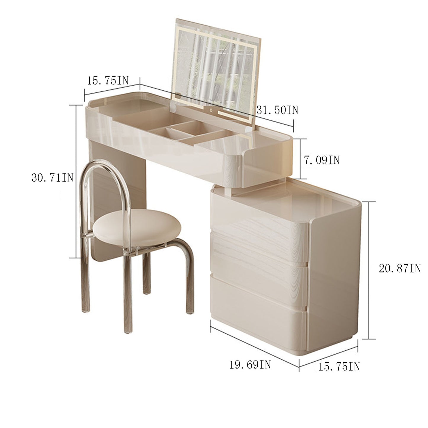 32''-47'' Vanity Desk with Flip up LED Lights Mirror and Stool,Baking Paint & Solid Wood