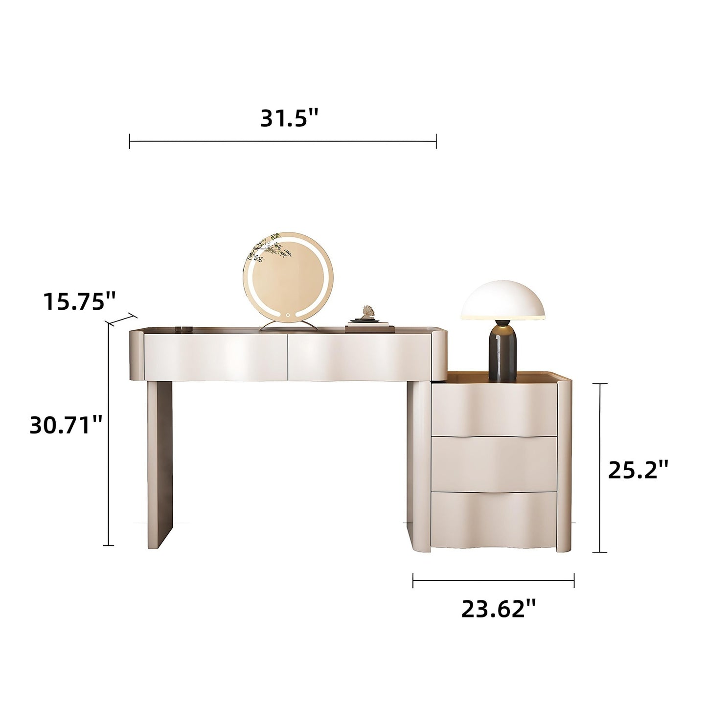 32''-47''Wave Shaped Makeup Vanity with Stool and Smart LED Light Mirror,Walnut Veneer Top