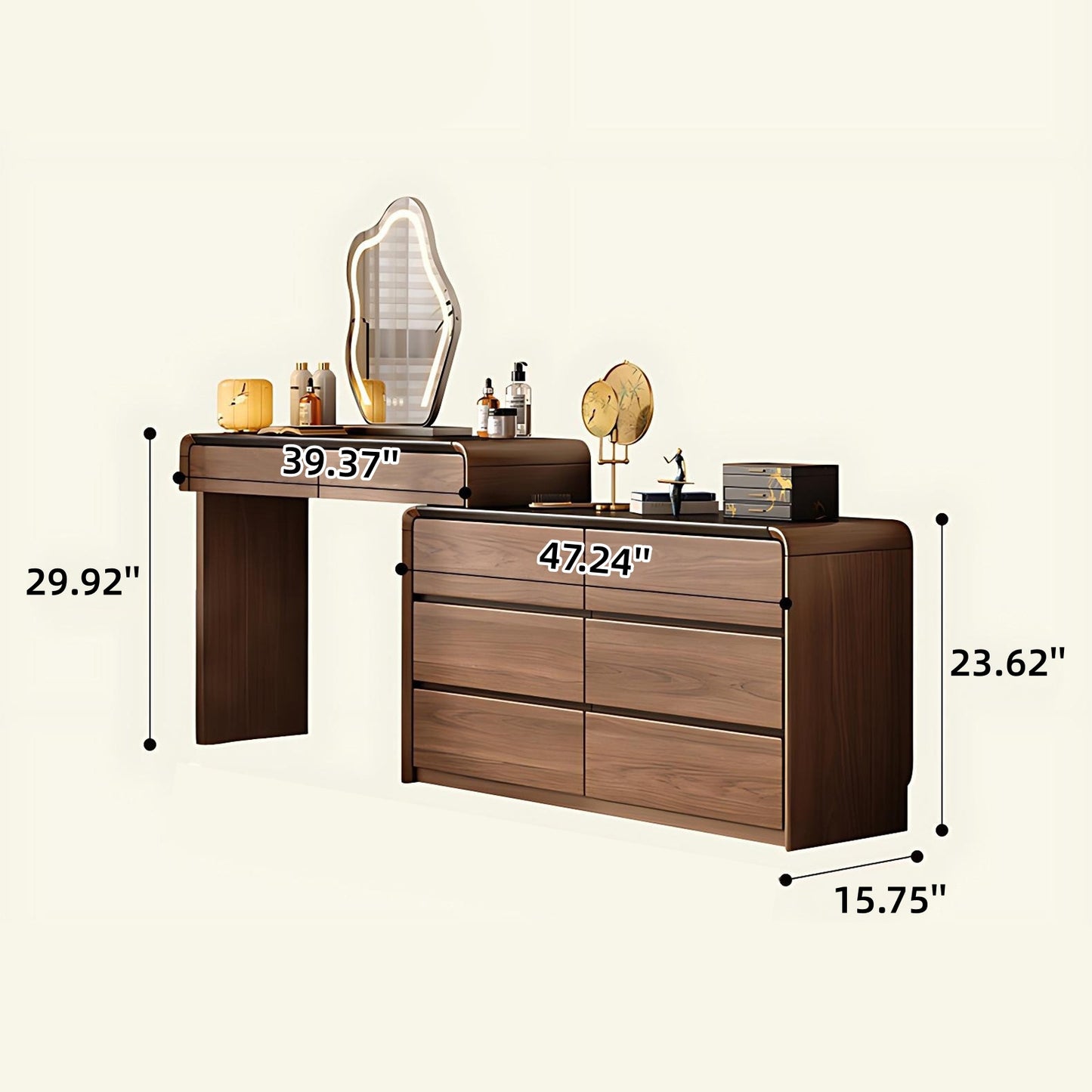 39''-47'' Makeup Vanity with Black Countertop and Smart LED Light Mirror & Stool,Walnut