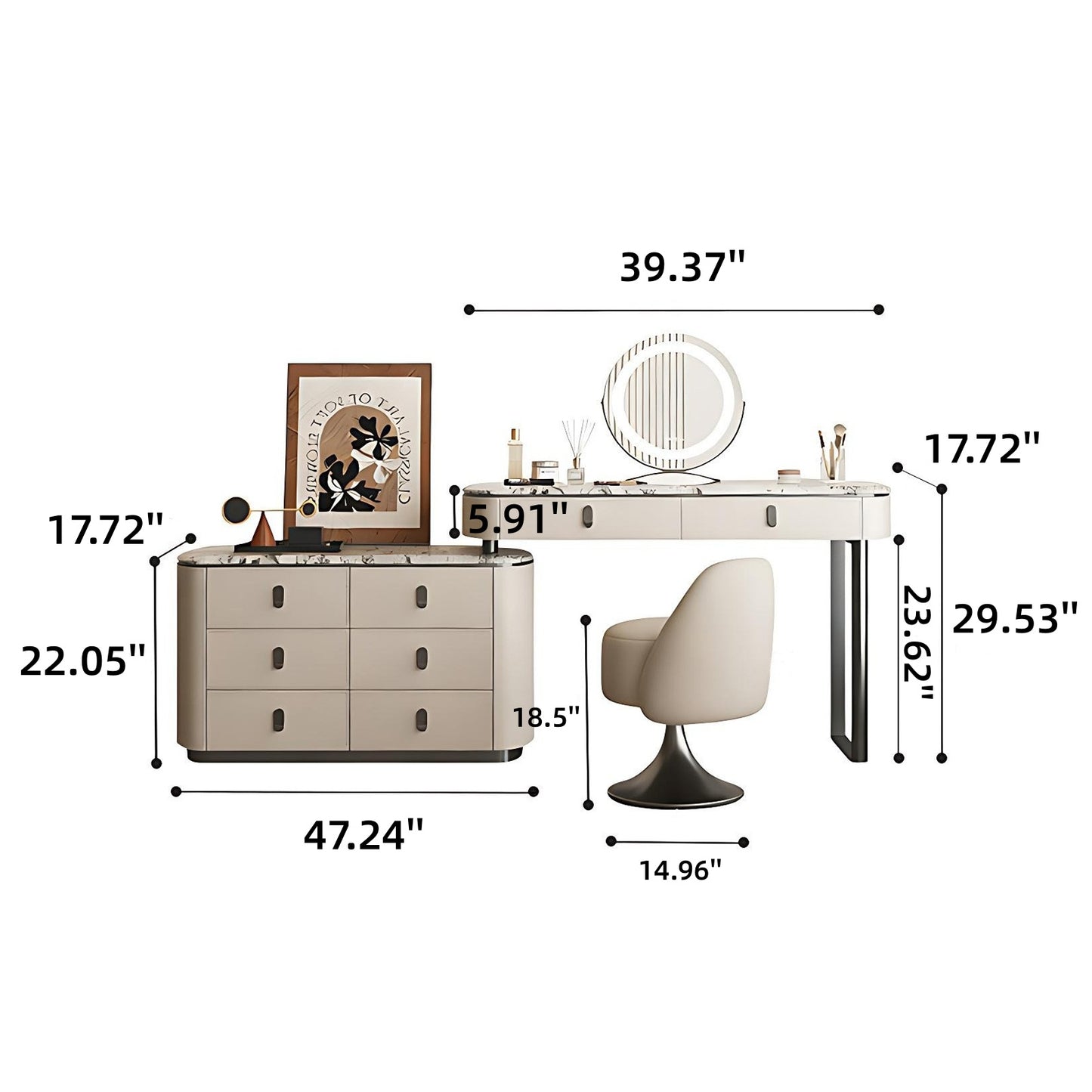 39''-47'' Leather Makeup Vanity with Marble Countertop and Stool & Smart LED Lights Mirror