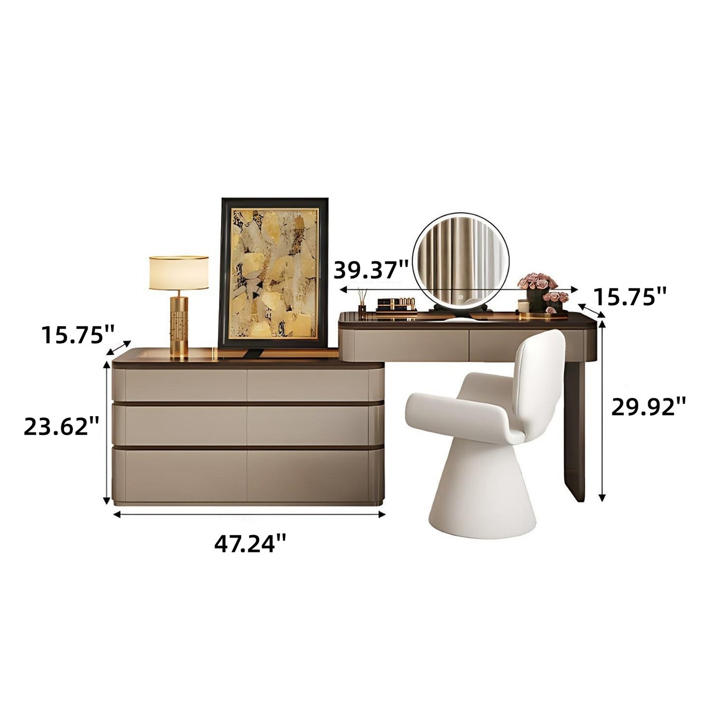 39''-47''Makeup Vanity with Tempered Glass Top and LED Ambient Light,Smart Mirror & Stool