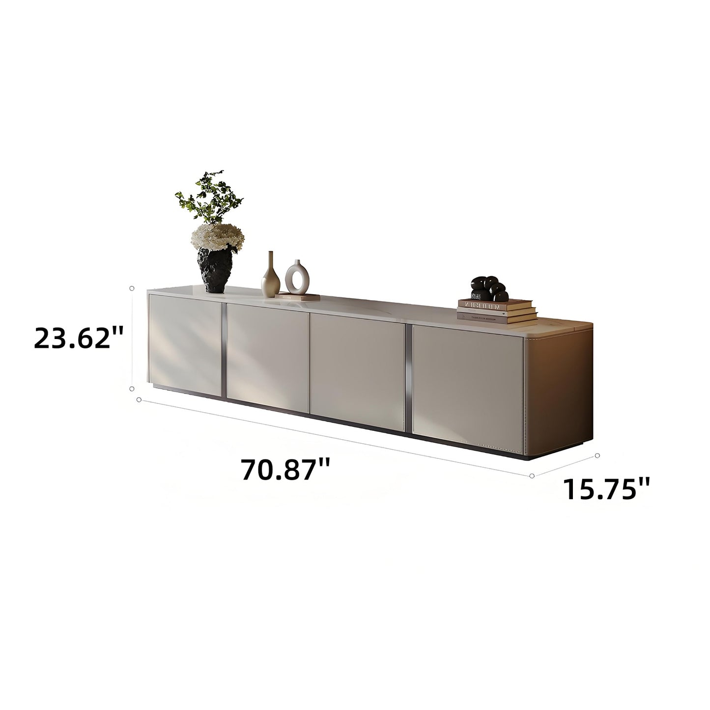 71''-87'' Leather TV Stand with Rock Slab Countertop,Solid Wood,Fully Assembled