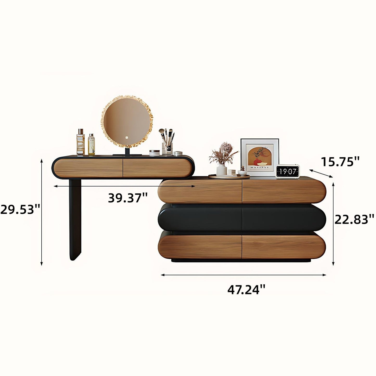 32''-47'' Makeup Vanity with Stool and Smart LED Light Mirror & Walnut Veneer,Mid Century