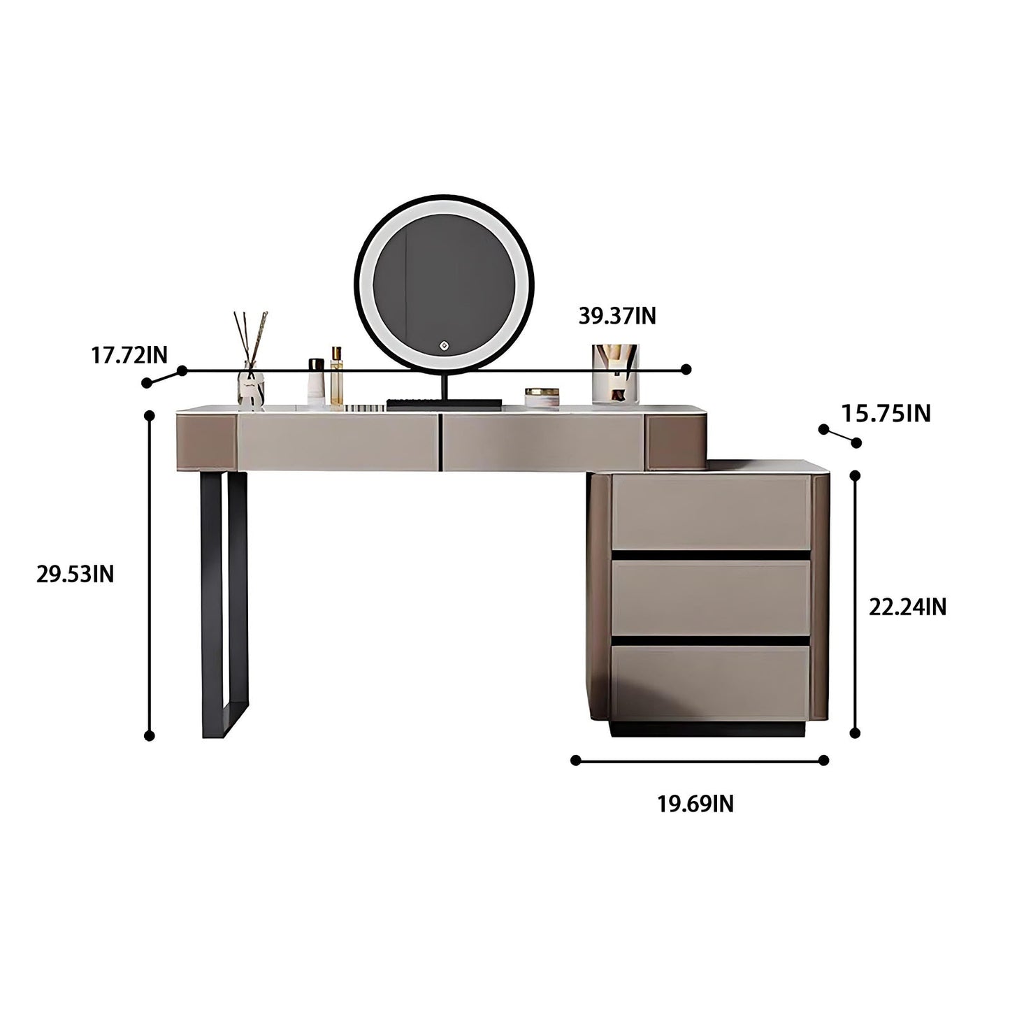 32''-47'' Makeup Vanity with Rock Slab Top and Smart LED Lights Mirror & Stool,Leather