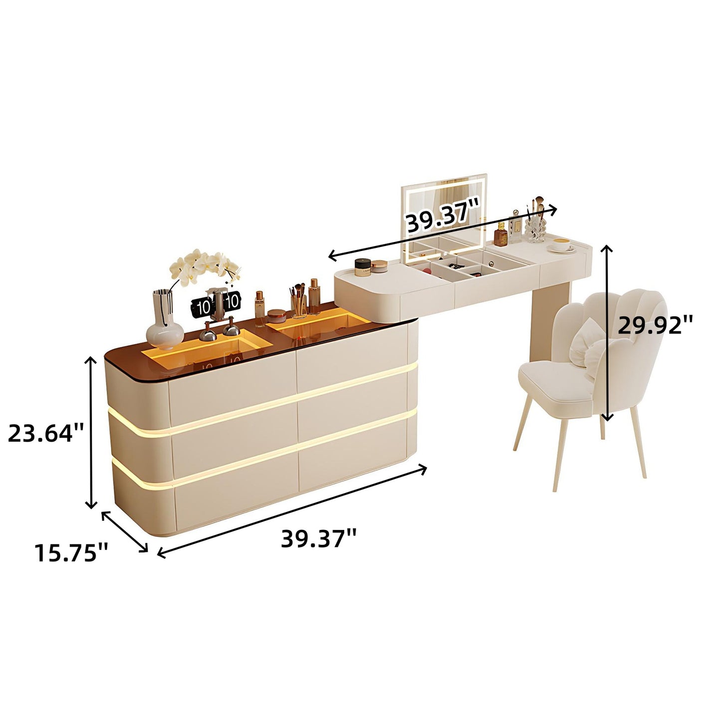 32''-47''Leather Vanity with Tempered Glass Top and LED Light & Flip up Smart Mirror,Stool