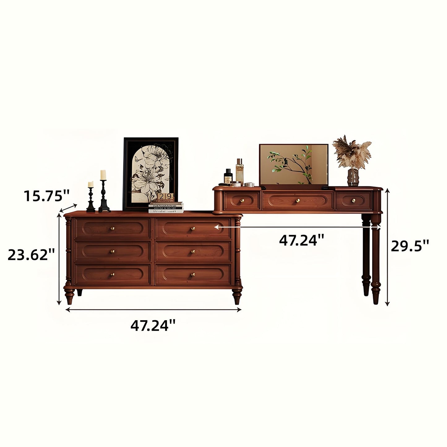 39''-47'' Retro Makeup Vanity with Stool & Mirror for Bedroom