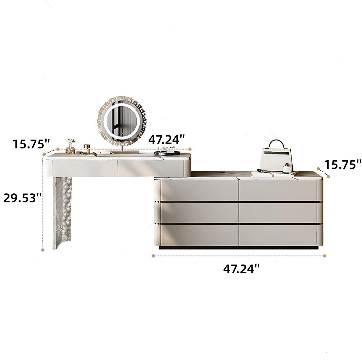 39''-47''Leather Makeup Vanity with Marble Top and Stool,Smart Mirror & Acrylic Legs