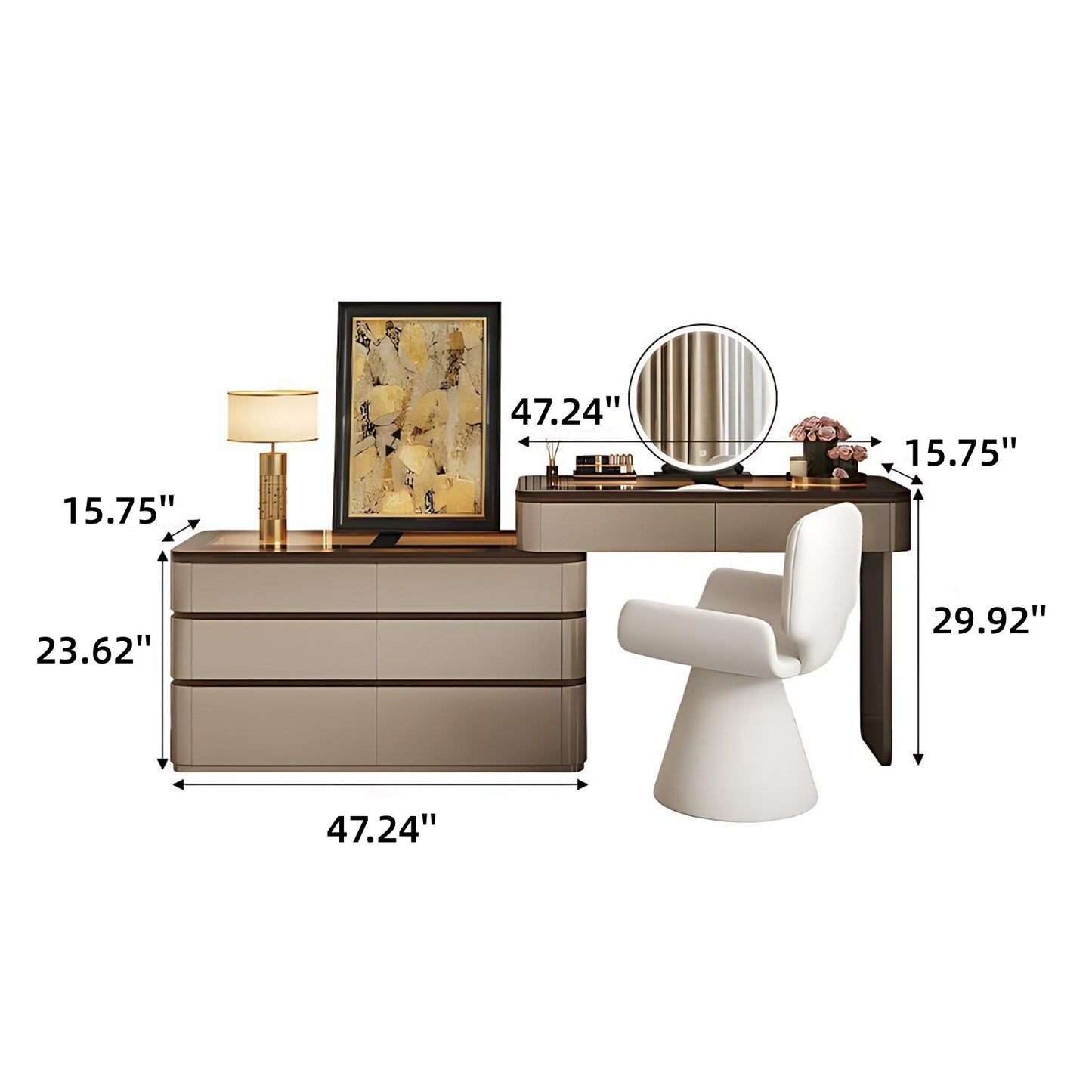 39''-47''Makeup Vanity with Tempered Glass Top and LED Ambient Light,Smart Mirror & Stool